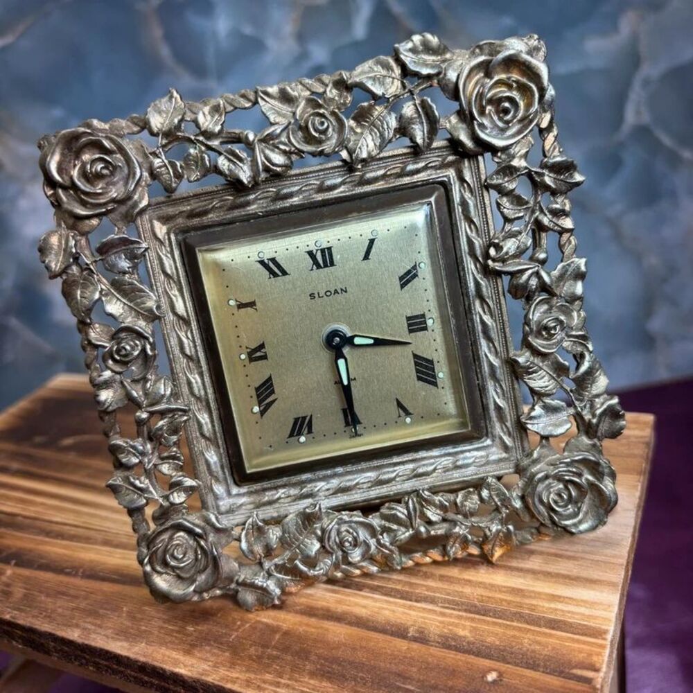 (Not Working) VTG Sloan Brass Ornate Rose Vine Leaf Floral Desk Clock Home Decor